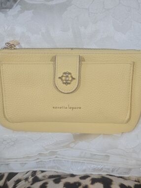 Nanette Lepore Pale Yellow Pebbled Vegan Leather Zip Wristlet with Front Snap